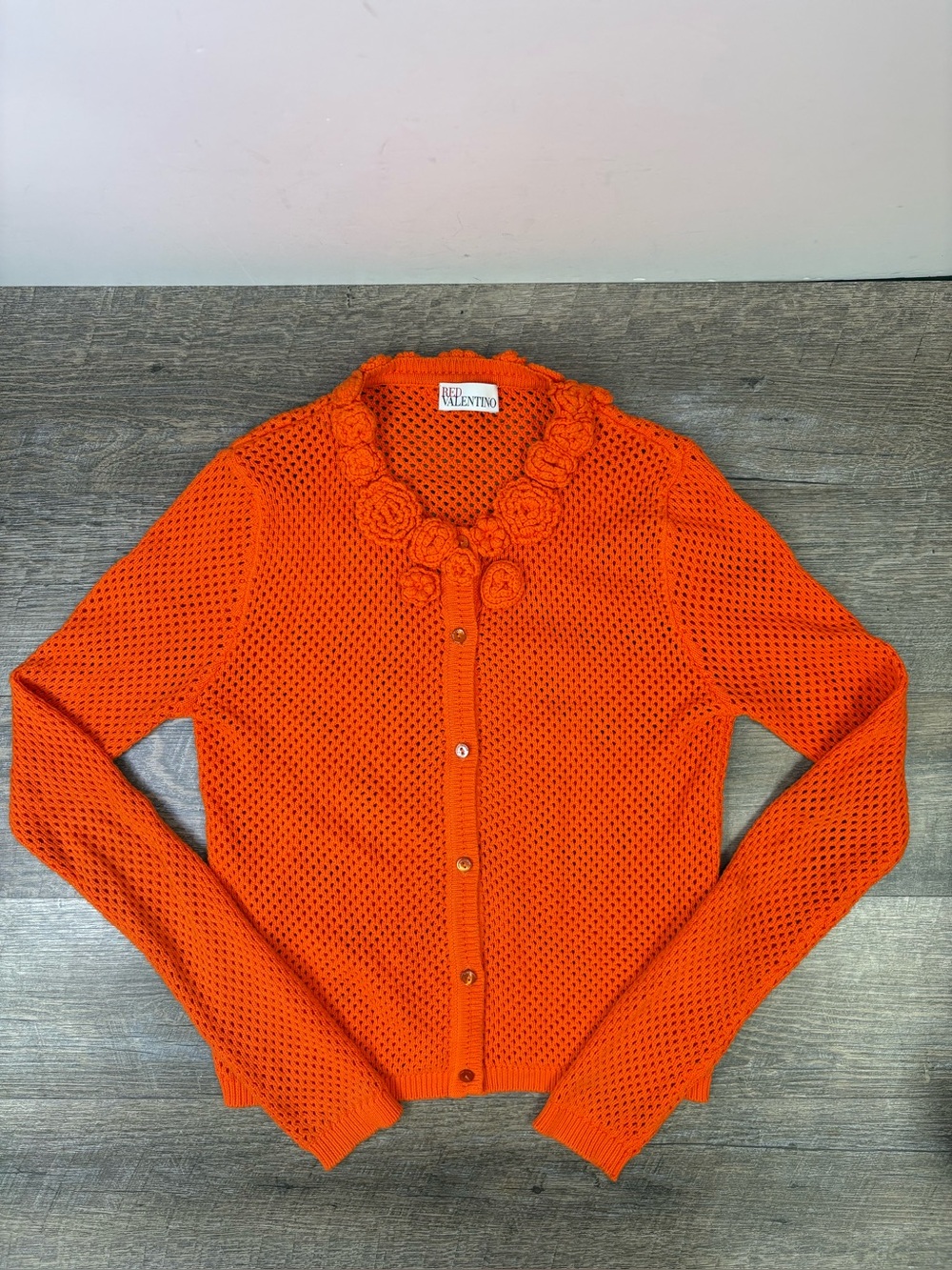 RED Valentino Orange Rosette Open Knit Button Front Cardigan Small